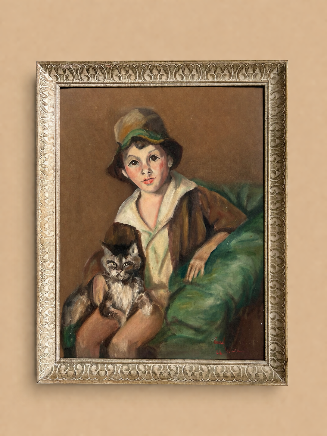 Retrato de mediados de siglo de un niño con un gato, firmado y fechado en 1966