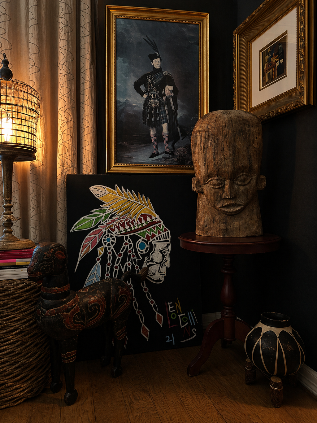 Sophisticated vignette by This Is Home Studio in Houston, Texas designed by Luke and Alejandra Fortin. Features original painting by Texas artist Leon Collins, 19th Century rare African Lobo ceremonial mask, a signed & numbered Picasso lithograph, and Batak Ritual Guardian Figure. 