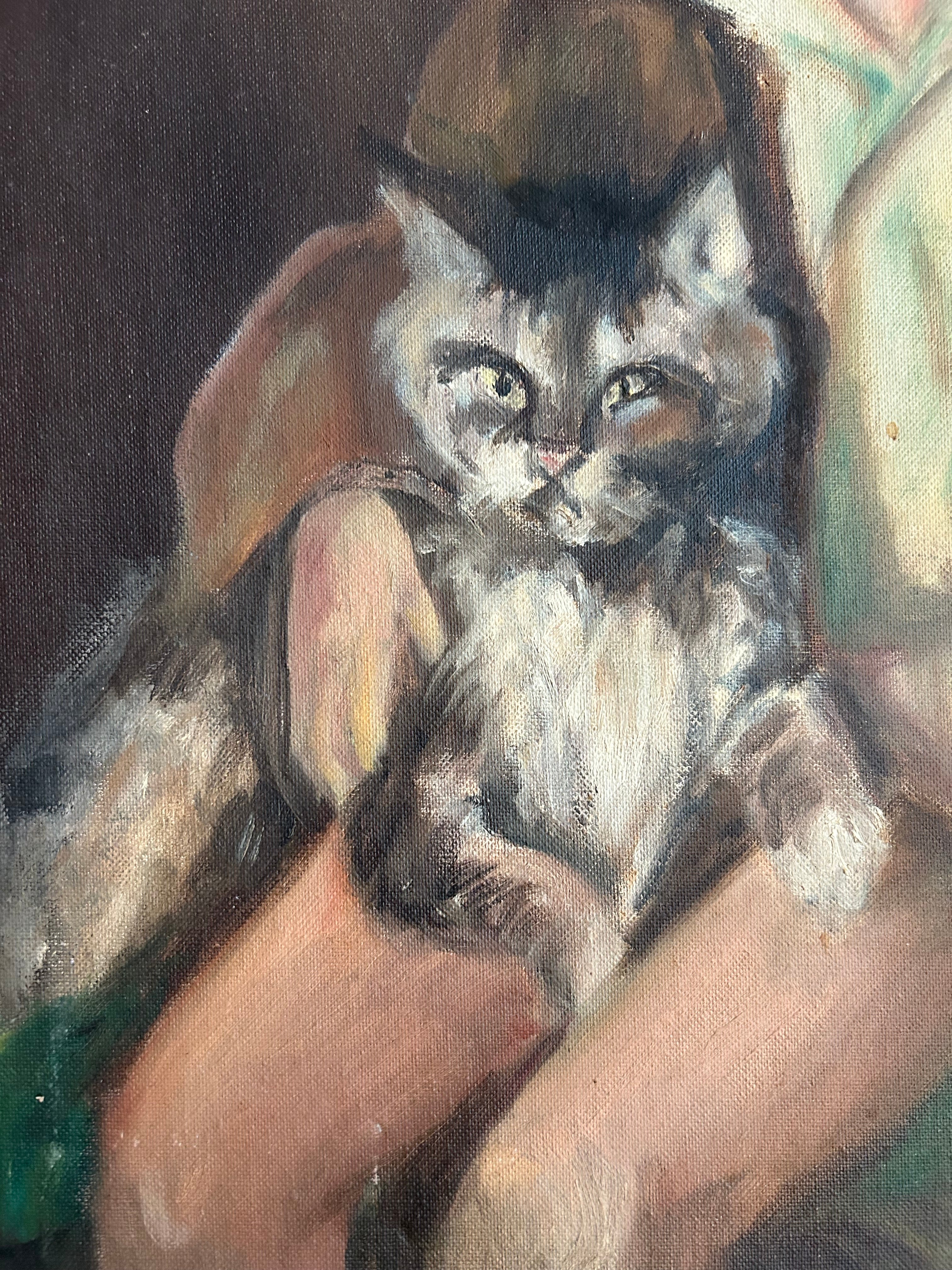 Retrato de mediados de siglo de un niño con un gato, firmado y fechado en 1966