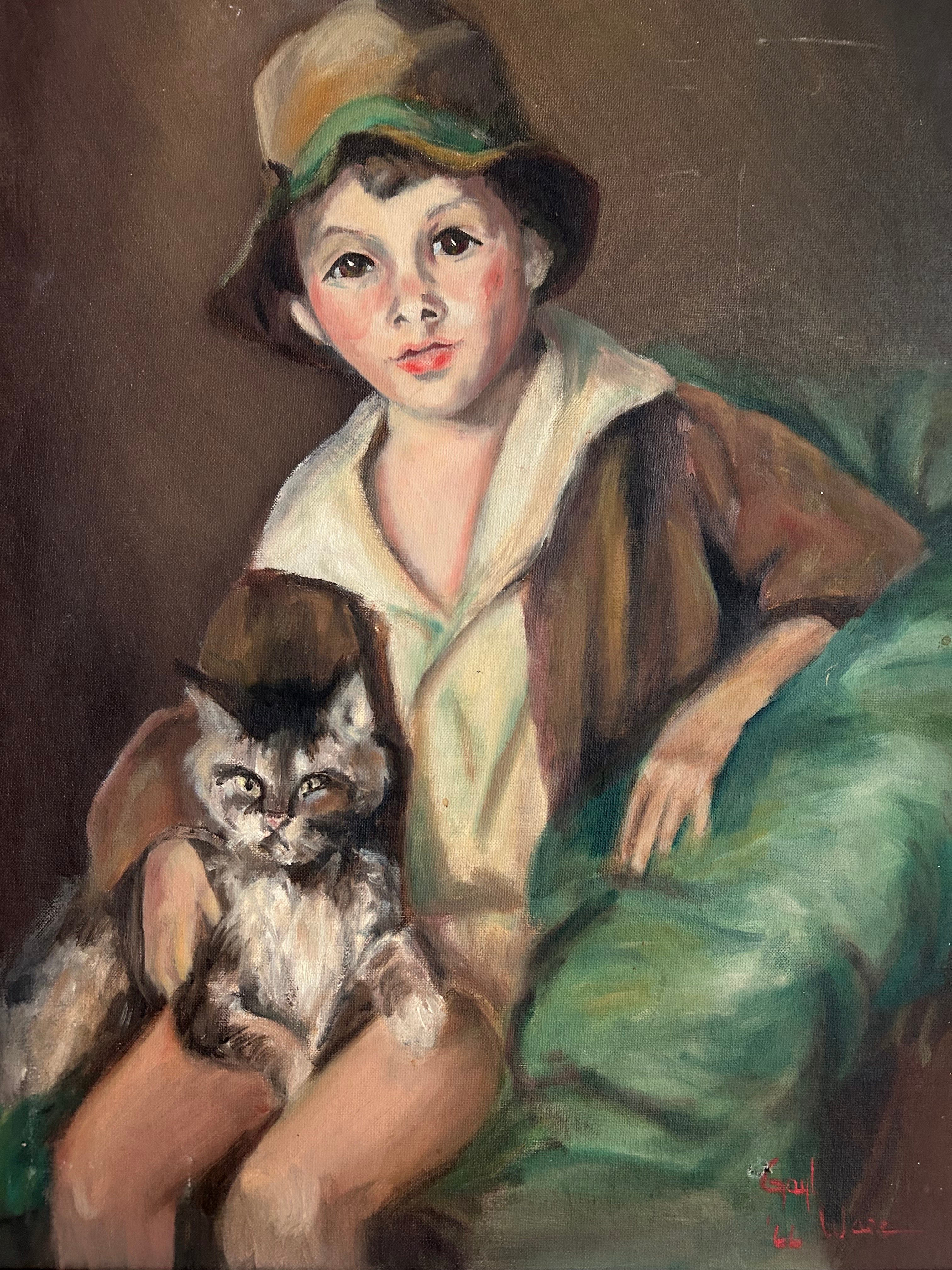 Retrato de mediados de siglo de un niño con un gato, firmado y fechado en 1966