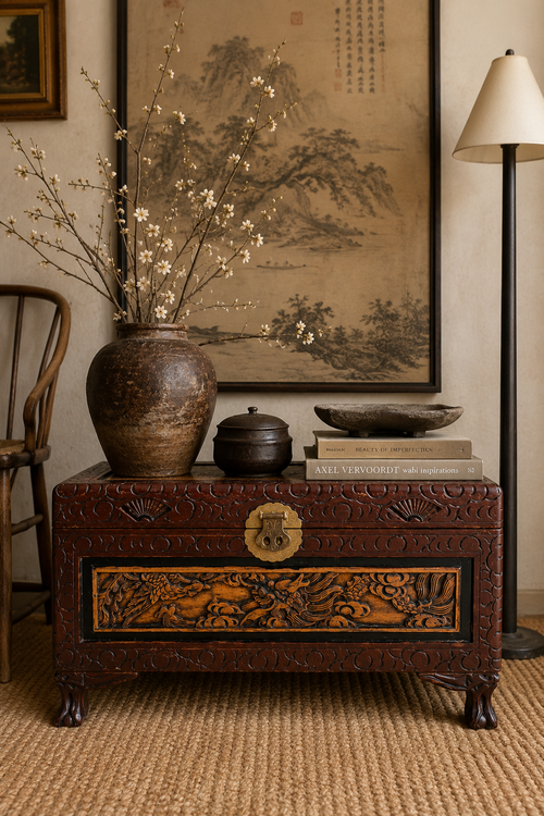 Antique Chinese Carved Camphor Wood Dragon Chest