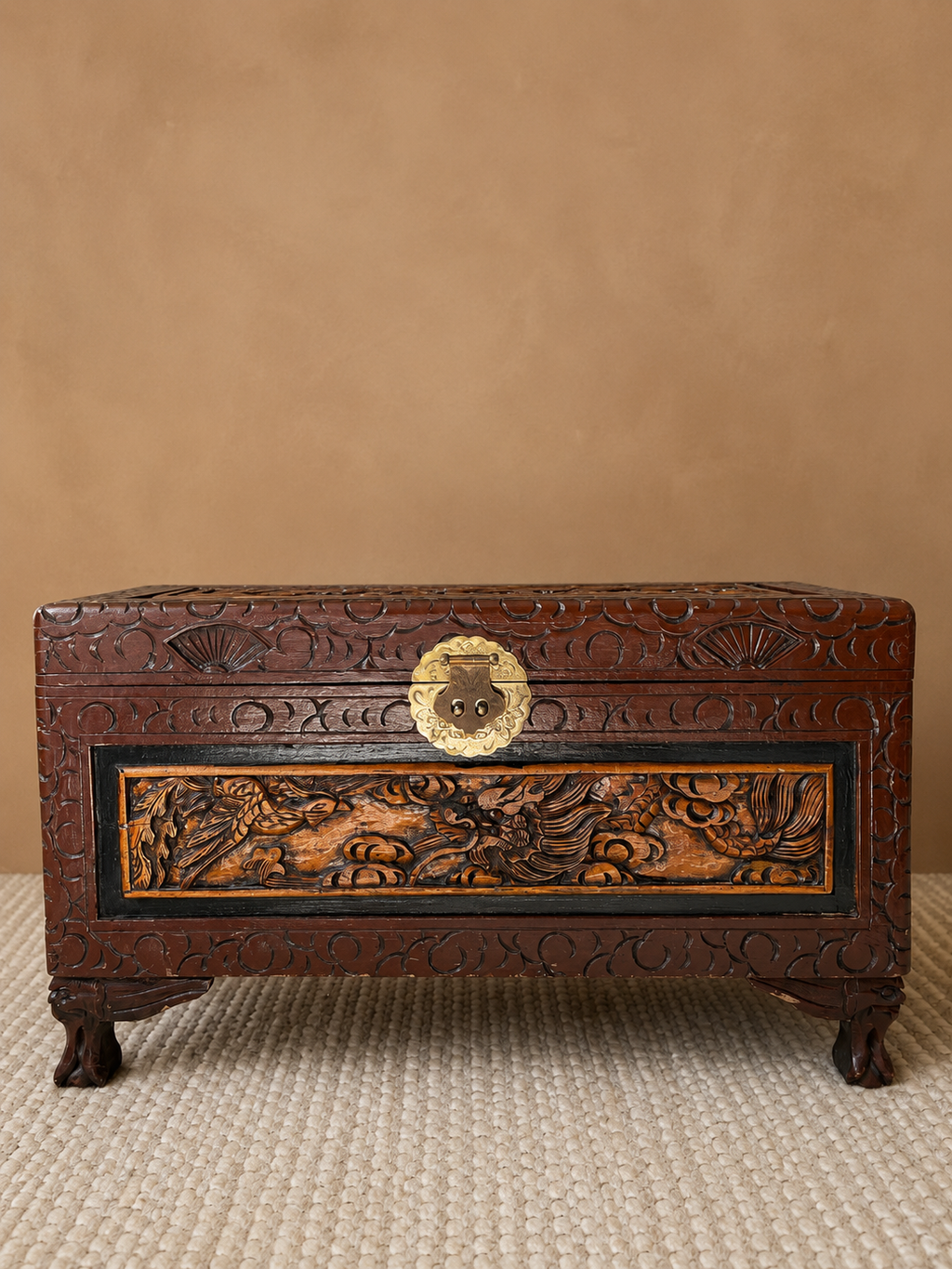 Antique Chinese Carved Camphor Wood Dragon Chest