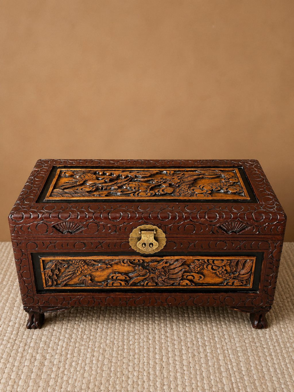 Antique Chinese Carved Camphor Wood Dragon Chest