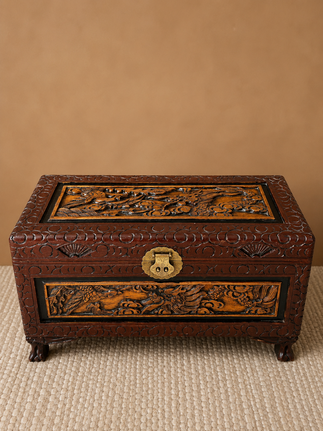 Antique Chinese Carved Camphor Wood Dragon Chest