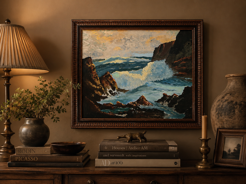 Don Miller (1971) "Rompeolas al atardecer" — Óleo original de paisaje marino de mediados de siglo en marco de madera vintage hecho a mano