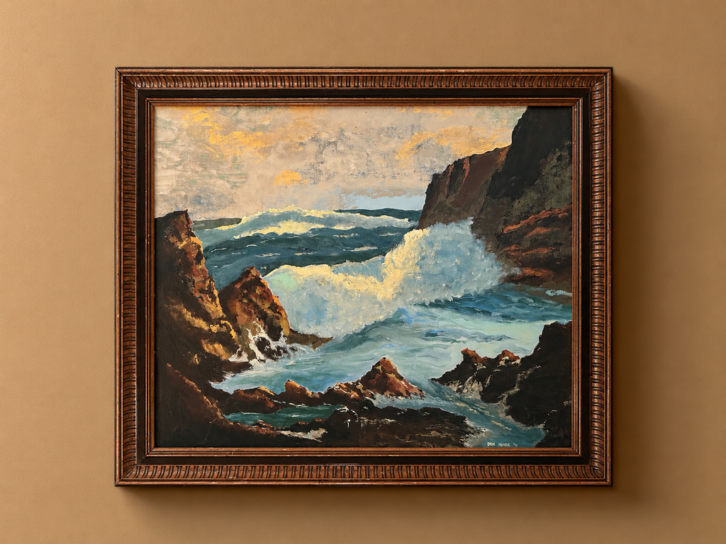 Don Miller (1971) "Rompeolas al atardecer" — Óleo original de paisaje marino de mediados de siglo en marco de madera vintage hecho a mano