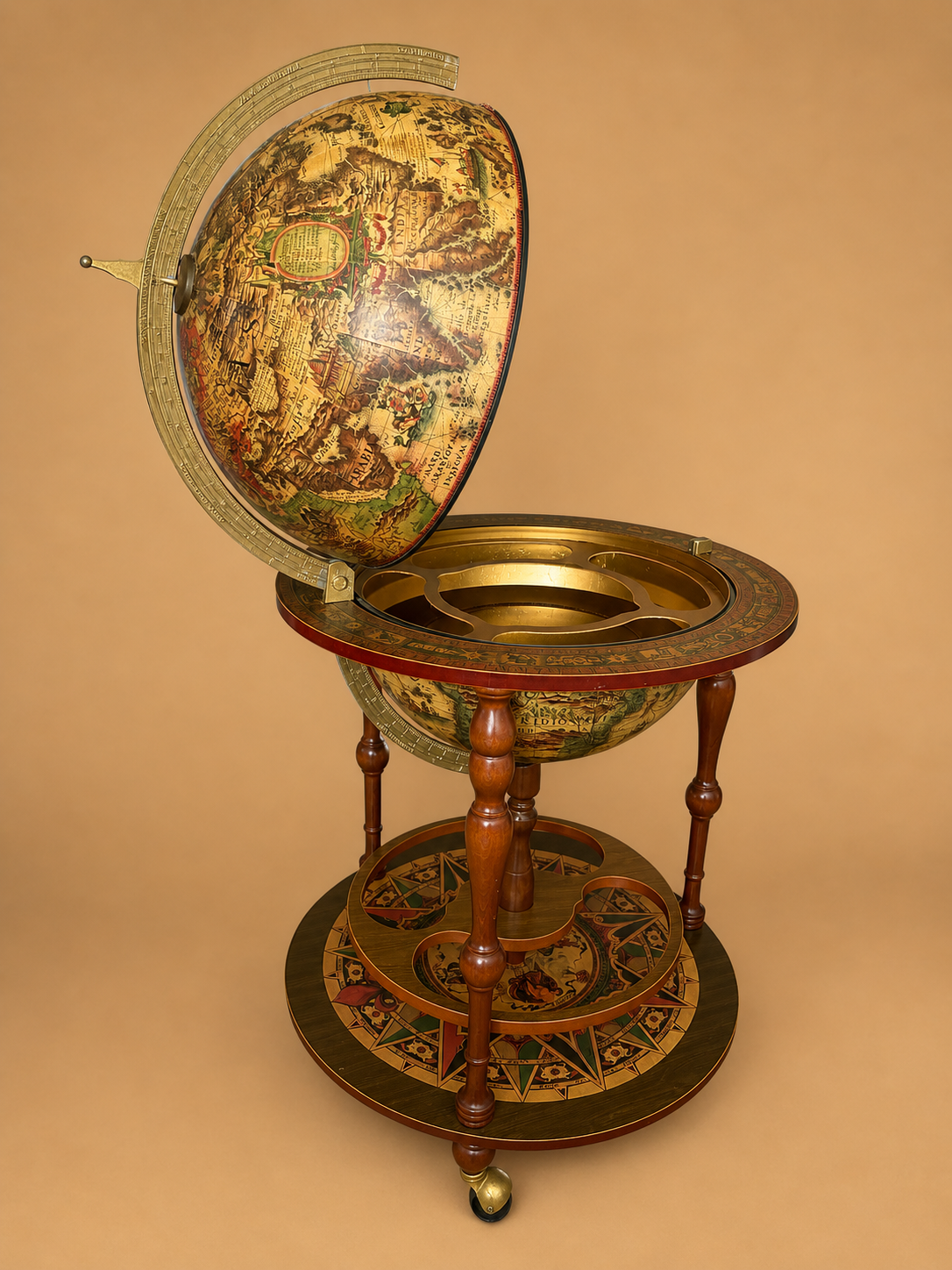 Barra de globo italiana – Bar seco cartográfico del Viejo Mundo sobre soporte rodante (circa 1970)