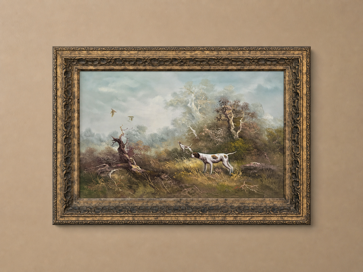 Cuadro grande vintage de paisaje deportivo con perros de caza – (44.5” x 32.5”)