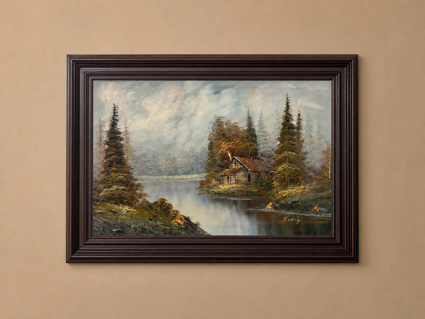 Pintura original de paisaje grande vintage firmada – (43" x 31")