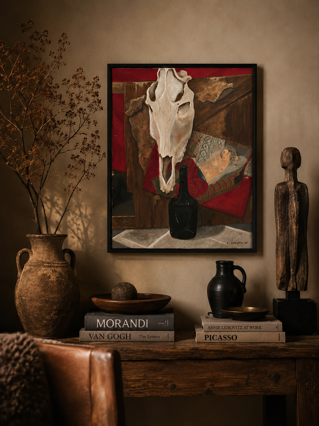 Midcentury Still Life with Skull and Reclining Figure, by L. Christy (Houston, Texas artist), 1960