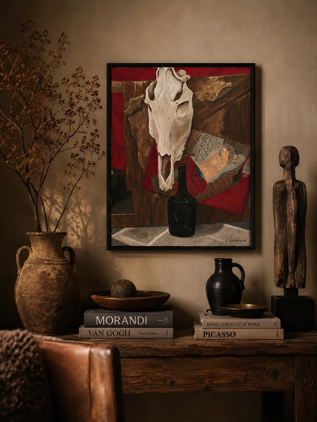 Midcentury Still Life with Skull and Reclining Figure, by L. Christy (Houston, Texas artist), 1960