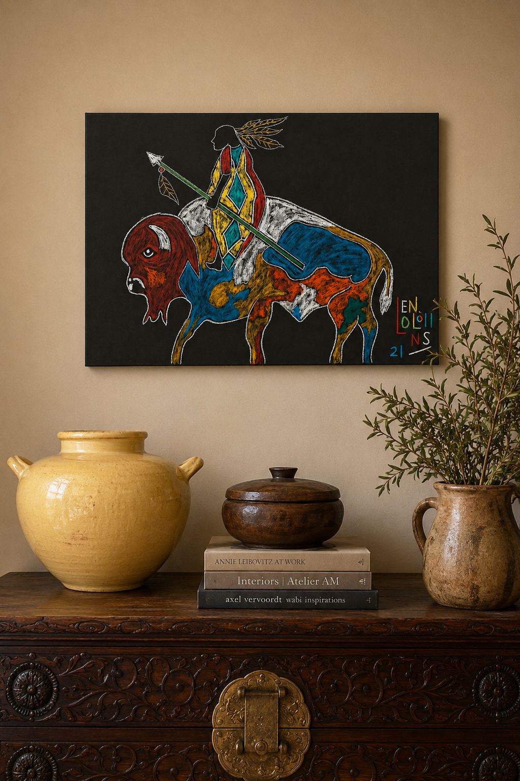 Jinete de búfalo, de Leon Collins (91.44 cm X 60.96 cm)