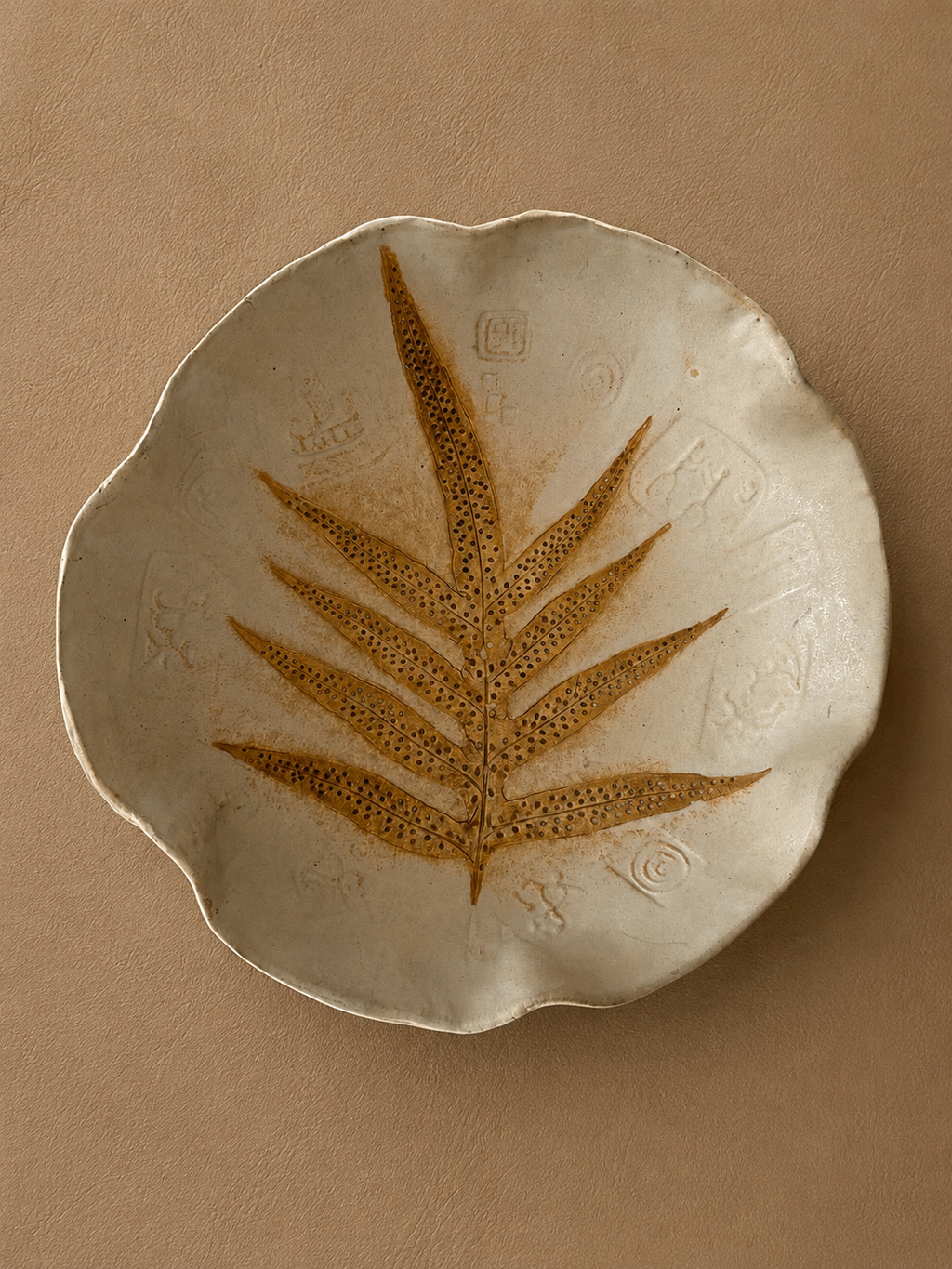 Large Organic Studio Pottery Centerpiece Bowl with Botanical Relief Motif