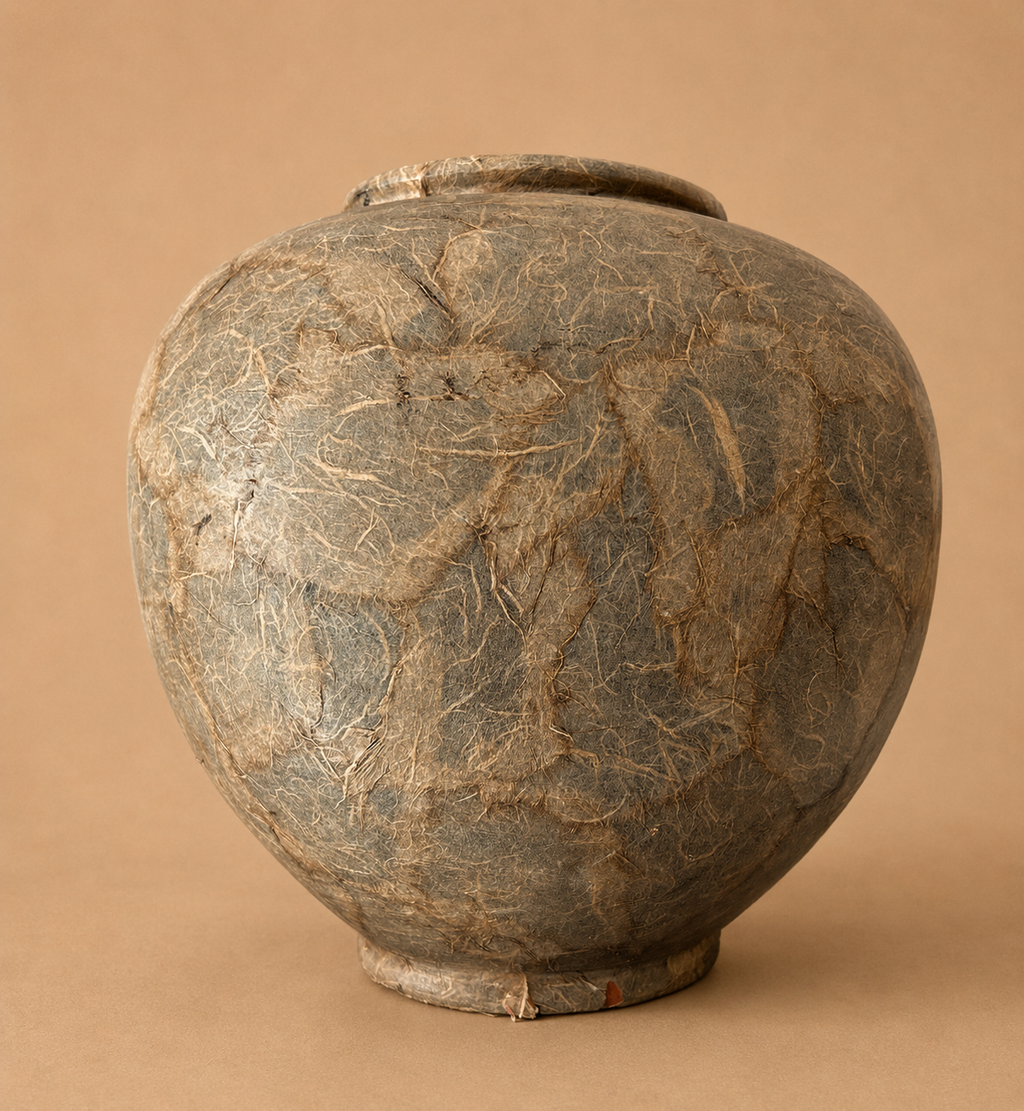 Hand-Built Sculptural Terracotta Vessel with Organic Fiber Surface