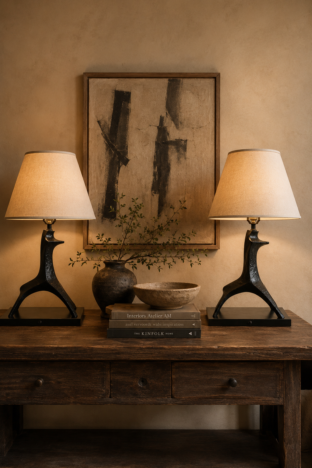 Pair of Sculptural Black Brutalist Table Lamps