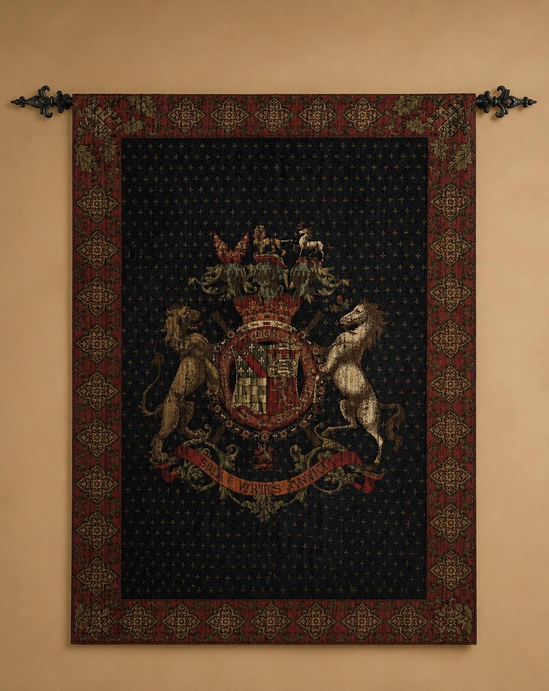 Tapiz Invicta, Textil Mural Heráldico Europeo con Escudo de León y Caballo, Gran Escala